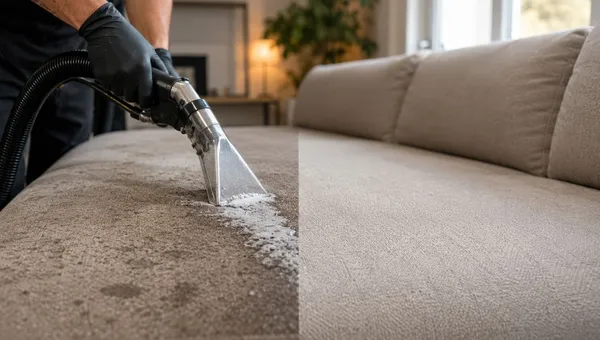 Beitragsbild: Professionelle Polsterreinigung von einem Rotweinfleck mit Sprühextraktionsgerät auf Stoffsofa
