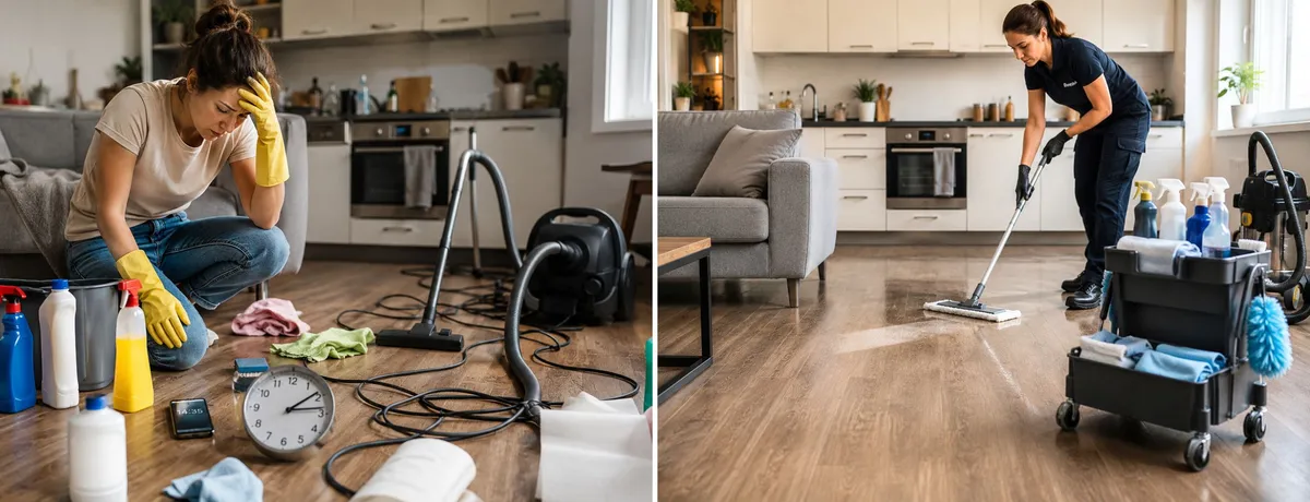 Mr. Cleaner Ratgeberblog: Professionelle Reinigungskraft bei der strukturierten Wohnungsreinigung mit organisiertem Reinigungscaddy und hochwertiger Ausrüstung
