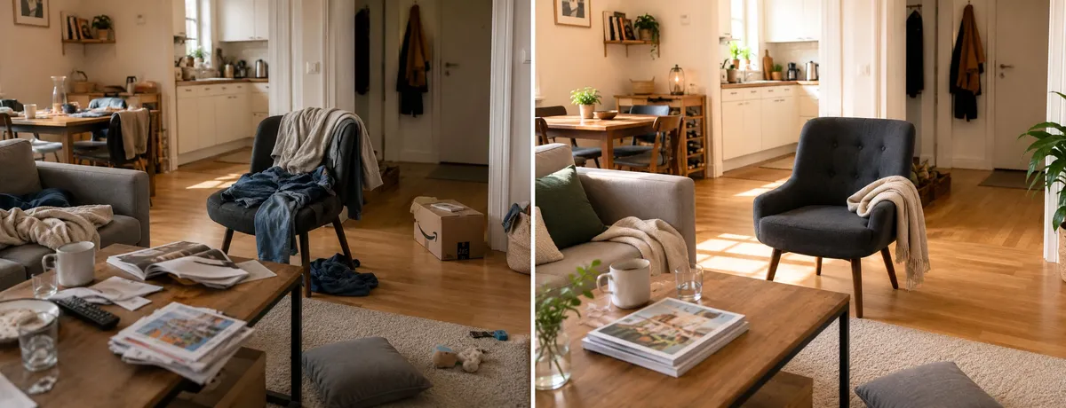 Person blickt zufrieden auf eine frisch geputzte Wohnung