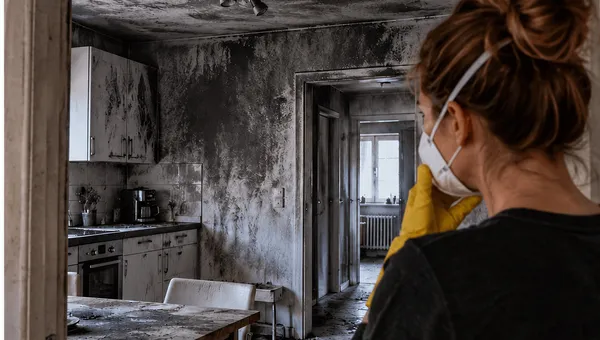 Ruß an Mauer und Decke nach einem Brand in der Wohnung